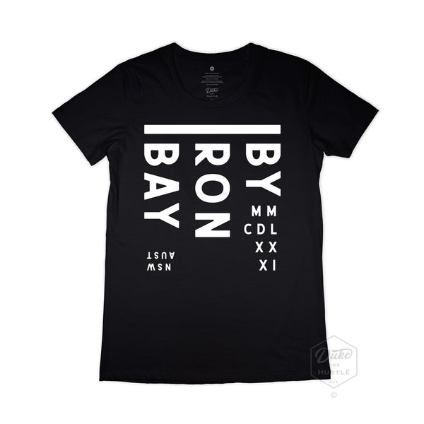 Byron Bay Women’s Graphic T Shirt on Australian Cotton, Black, Front